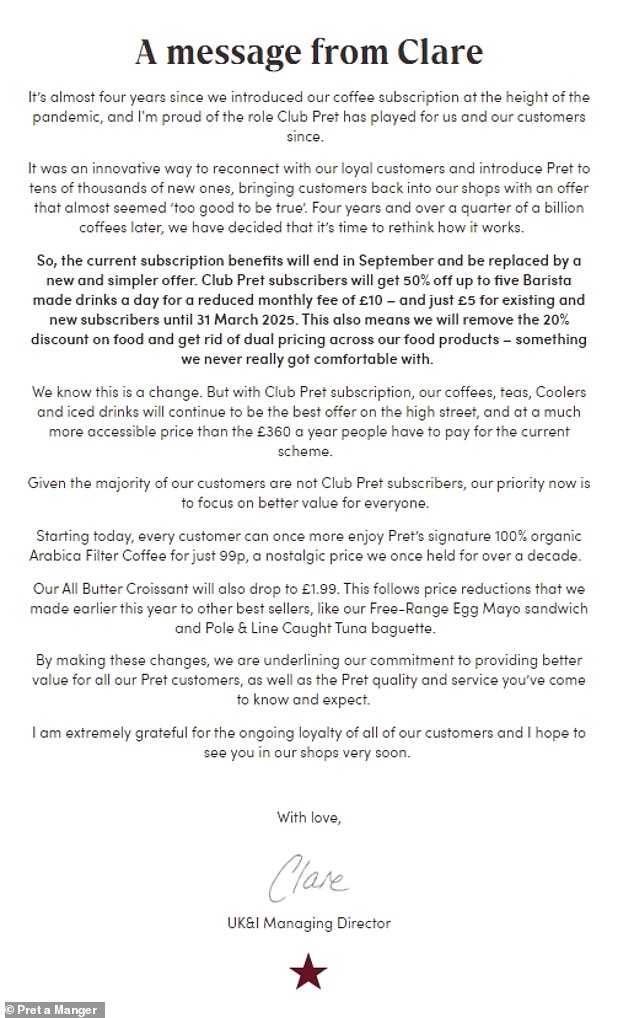 Pret's UK managing director Clare Clough message to subscribers about the changes to its subscription model