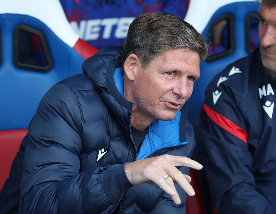 Oliver Glasner, manager of Crystal Palace, during a Premier League match.
