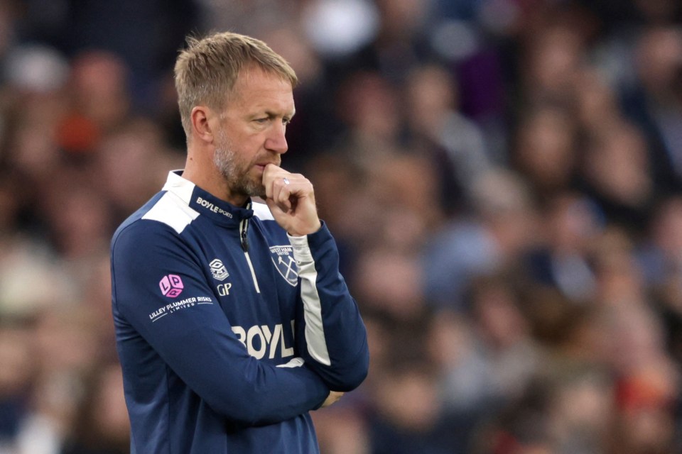 Graham Potter, West Ham United head coach, on the sidelines.