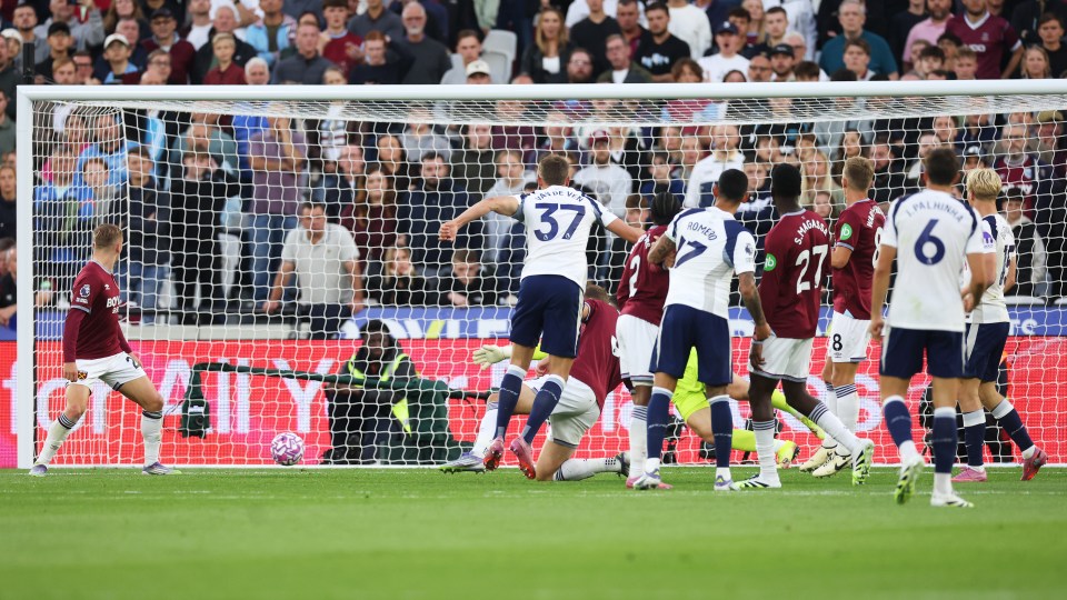 Micky van de Ven scoring a goal for Tottenham Hotspur.