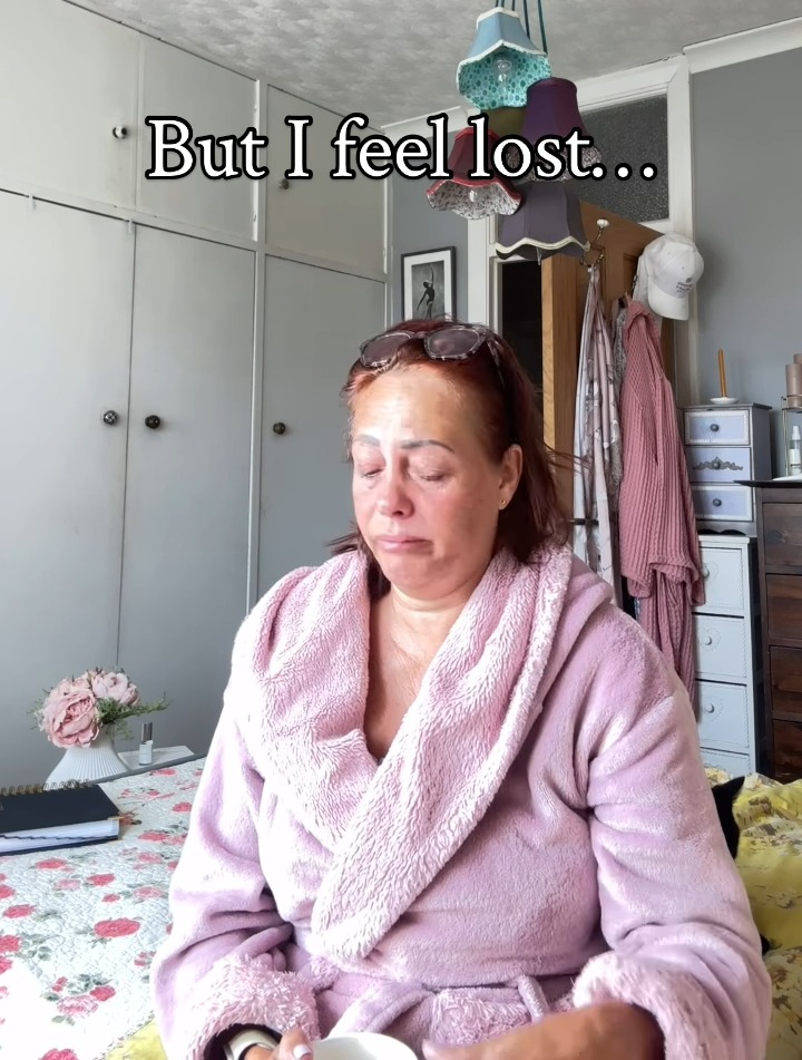 Woman in pink robe looking sad, text overlay: "But I feel lost..."