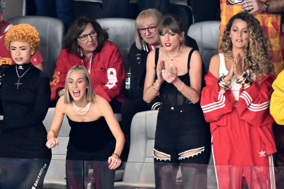 Taylor Swift, Ice Spice, Ashley Avignone, and Blake Lively at Super Bowl LVIII.
