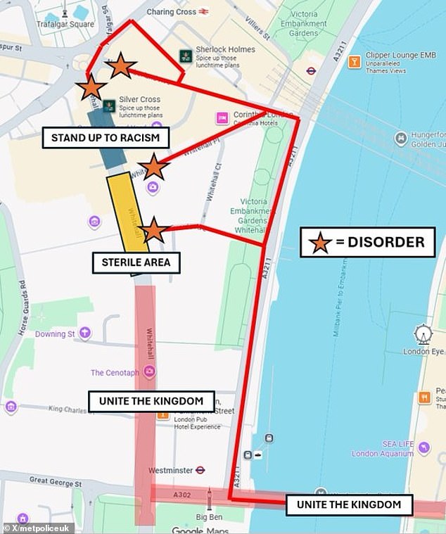 A Met Police infographic showing the locations of the protesters and counter-protesters and the sites of disorder