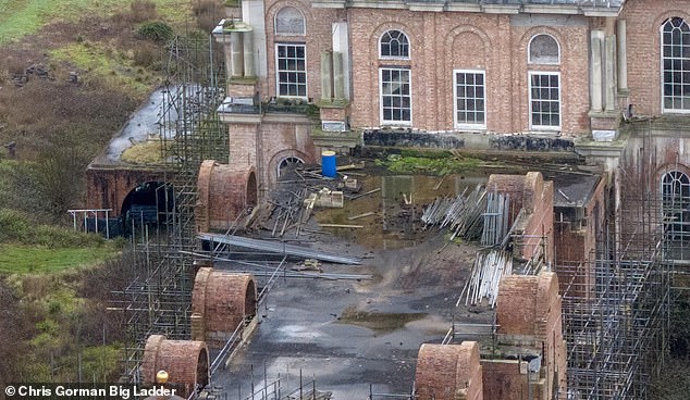 Construction materials which appear to have been left on the roof of Hamilton Palace (pictured in 2024)