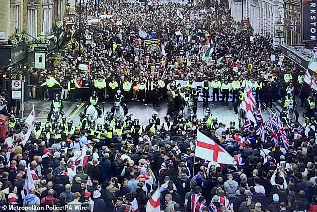 The rival groups of protesters were just metres apart at points during the day