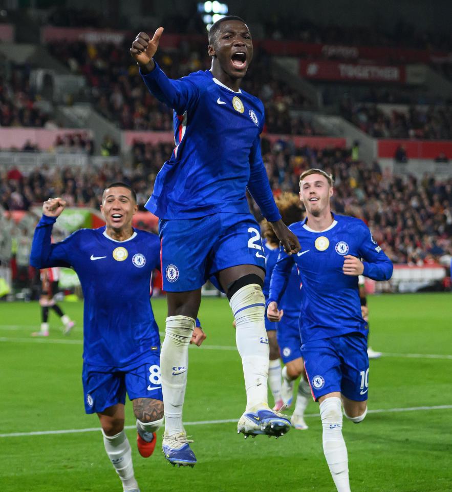 Moises Caicedo celebrates a goal for Chelsea.