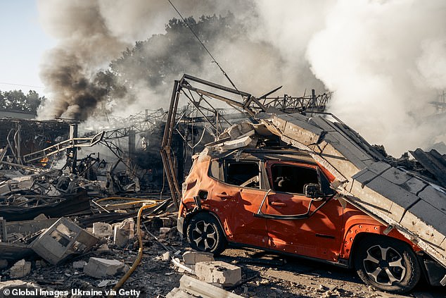 An auto repair shop building remains destroyed after a Russian drone attack on September 12, 2025 in Sumy, Ukraine