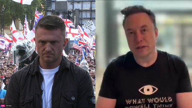 Tesla CEO Elon Musk (right) criticised the Government for a 'rapidly increasing erosion of Britain' via a video call to the event in central London with the protest's organiser Tommy Robinson