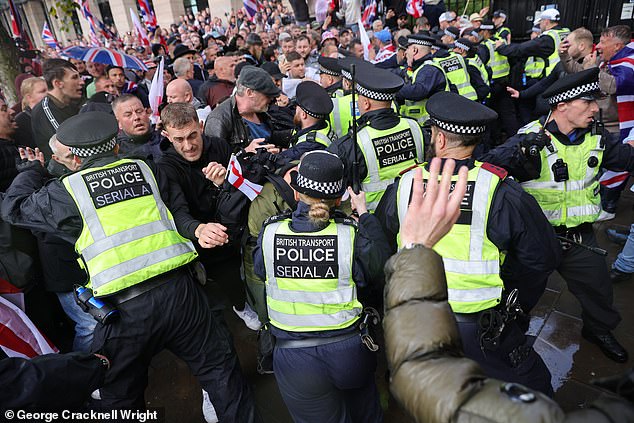 Clashes between police and protesters break out after a crush near Westminster Bridge, with British Transport Police responding