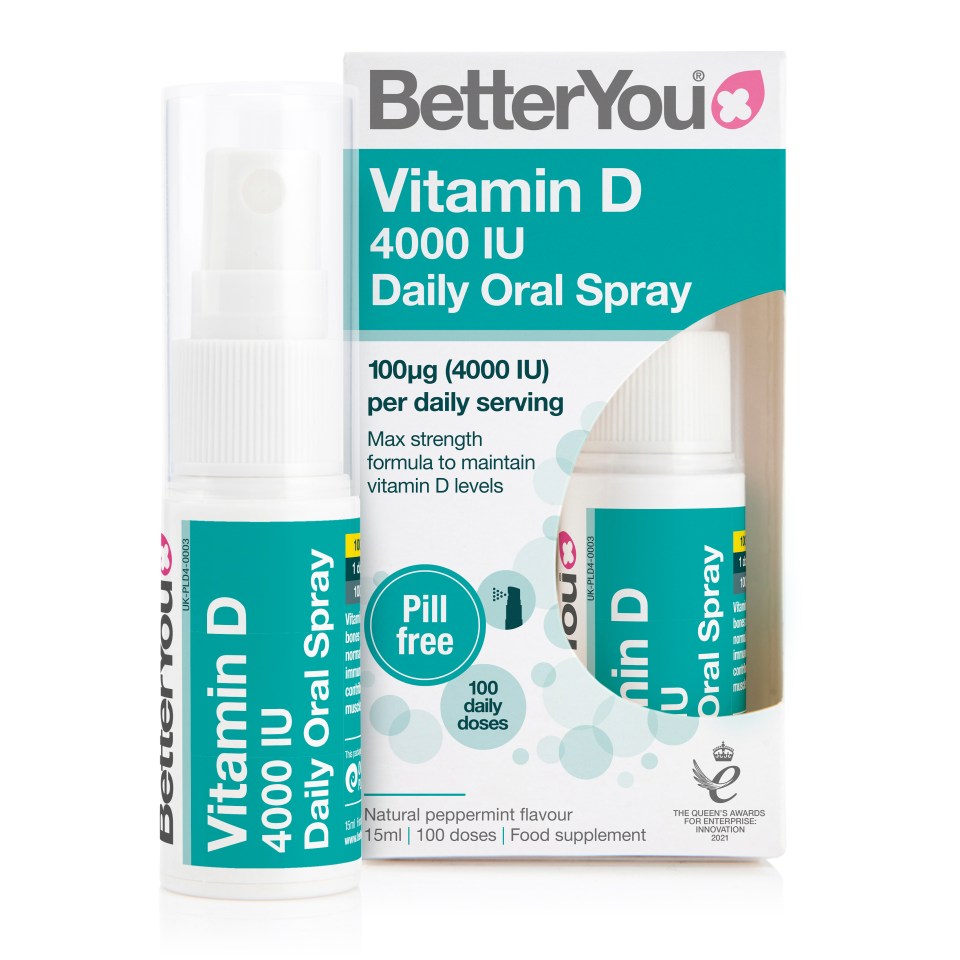 BetterYou Vitamin D 4000 IU daily oral spray bottle and box.