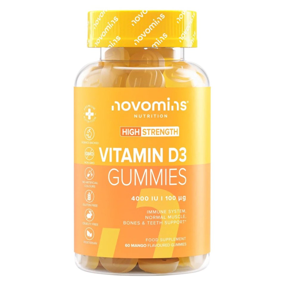 Bottle of Novomins high-strength vitamin D3 gummies.
