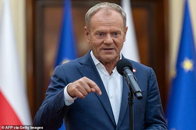 Polish prime minister Donald Tusk (pictured) announced that ground-based air defence systems were on the highest alert level