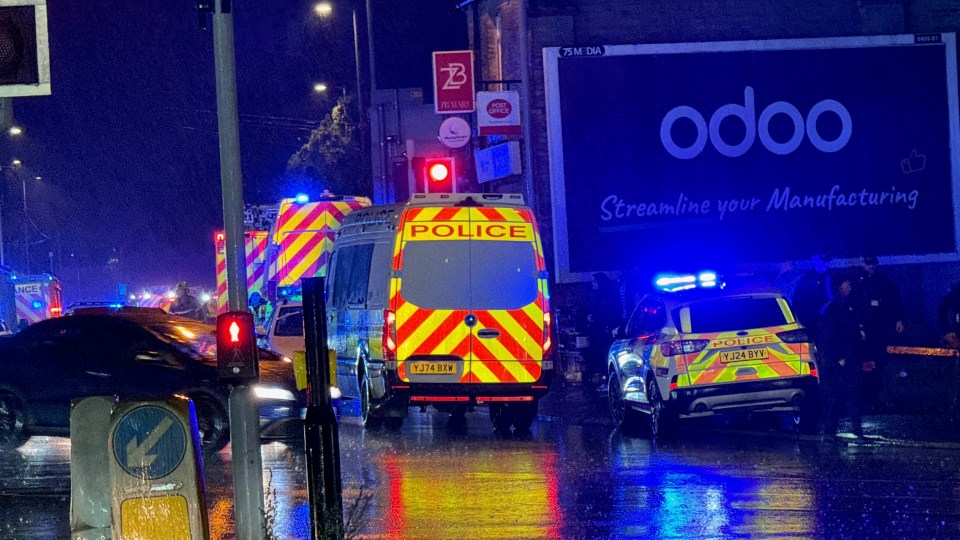 Emergency vehicles at the scene of a residential explosion in Bradford.