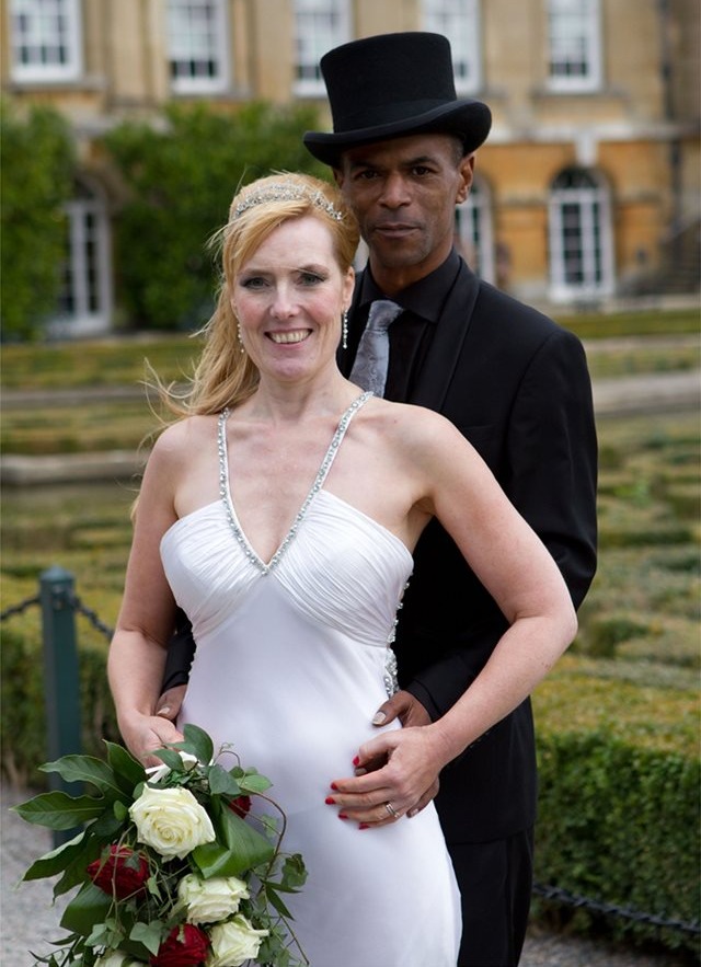 Bride and groom on their wedding day.