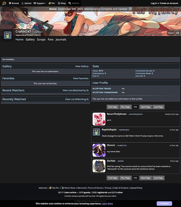 Robinson's profile on the furry site is seen here, the account was registered in July of this year