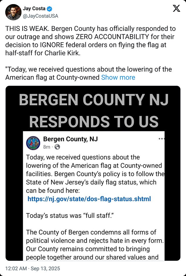 Officials in Bergen County, New Jersey said they were simply following the state's daily flag protocol and not making a political statement
