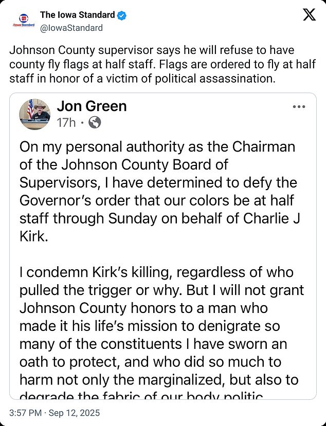 In Johnson County Iowa, the Chairman of the Board of Supervisors explained why the county would continue to fly the flag as full mast