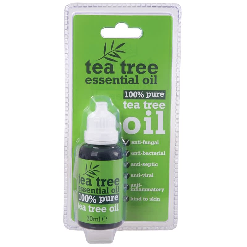 30ml bottle of 100% pure tea tree essential oil; anti-fungal, anti-bacterial, anti-septic, anti-viral, and anti-inflammatory.