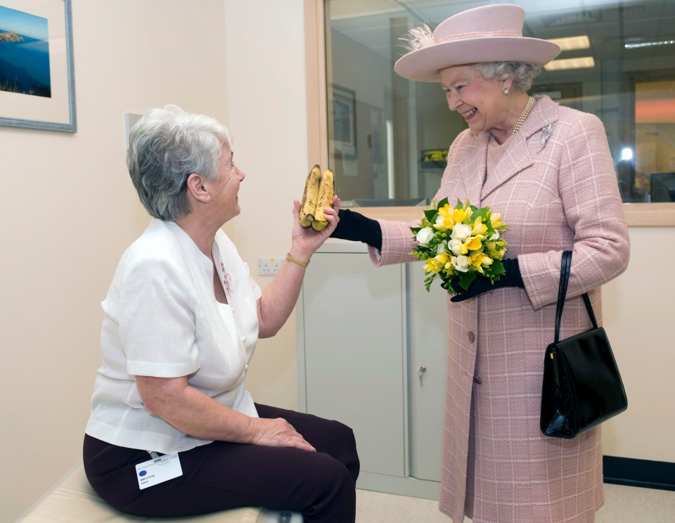 Queen Elizabeth II receives two bananas from a patient during a hospital visit.