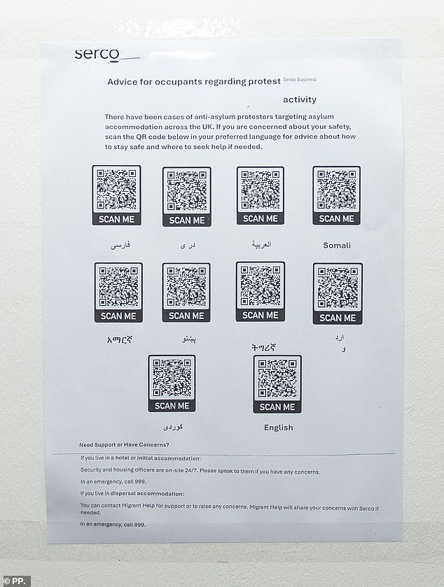 Pinned to the wall by the kitchen window is a notice from Serco, warning in various languages about protesters targeting migrant accommodation