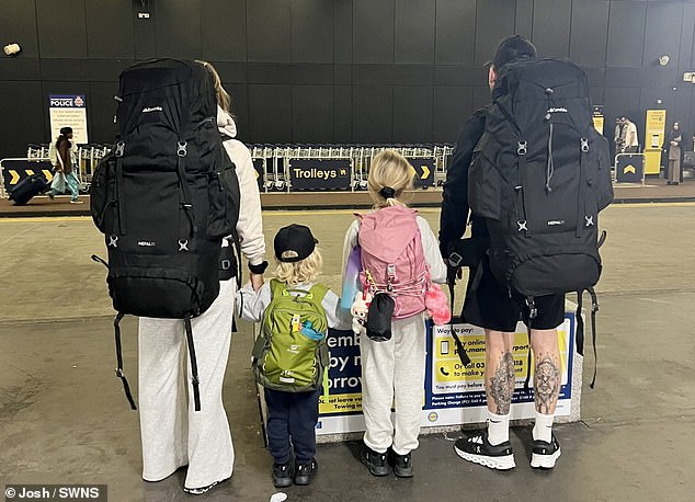 And we're off! The family pictured at the airport, backpacks at the ready, as they headed off to Thailand on the first stage of their adventure