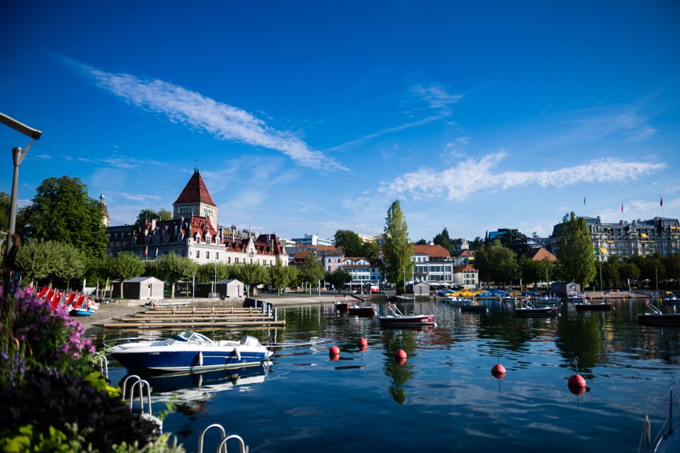 Boats moored at a marina in Lausanne, Switzerland.