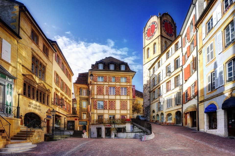 Old town square in Neuchâtel, Switzerland.