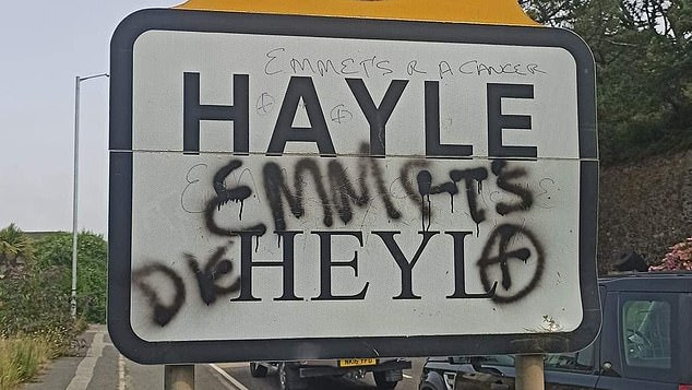 Pictured: An anti-emmets message on the sign entering Hayle. Emmets are Cornish for ants - and slang for tourists