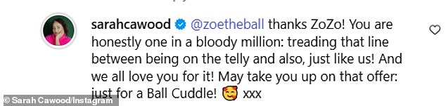 Replying to Zoe, Sarah penned: 'Thanks ZoZo! You are honestly one in a bloody million: treading that line between being on the telly and also, just like us! And we all love you for it! May take you up on that offer: just for a Ball Cuddle!'