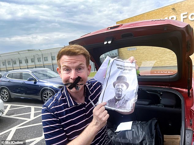 After he left prison, Belfield posed with tape over his mouth and holding up a picture of Winston Churchill with the words 'Never, never, never give up'