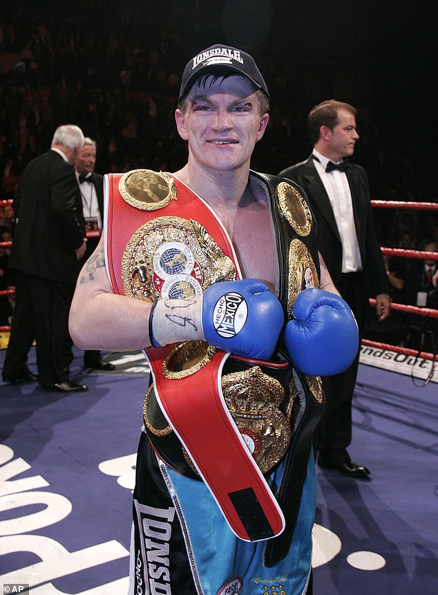 The British boxing icon celebrates after winning the WBA light-welterweight title when he defeated Carlos Maussa