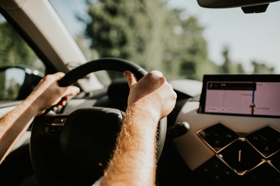 Person's hands gripping a steering wheel, with a GPS navigation system visible on the dashboard.