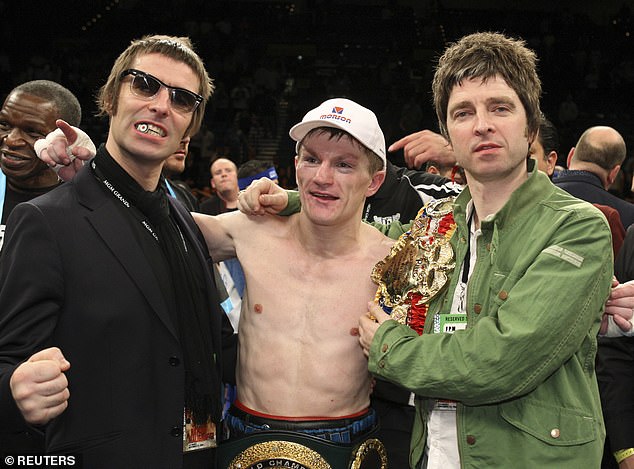 Oasis brothers Noel and Liam Gallagher walked Ricky Hatton into the ring holding his belts in 2008. Here, they celebrate with him after he defeated Paulie Malignaggi in Las Vegas