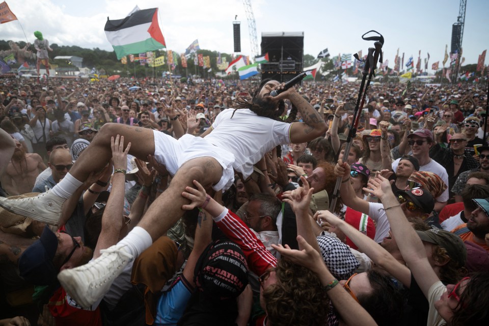 Bobby Vylan crowd surfing at Glastonbury Festival.