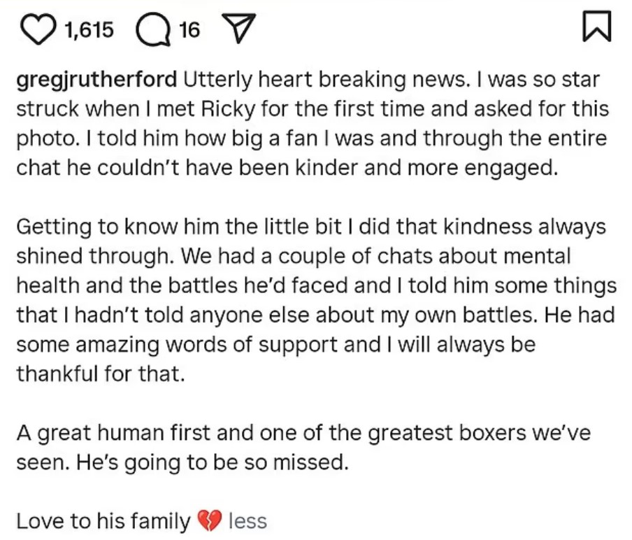 Screenshot of Instagram post expressing grief over the death of boxer Ricky Hatton.