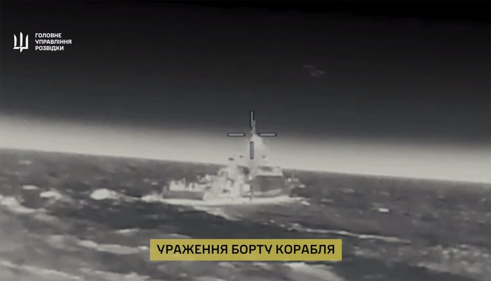 Ukraines GUR military intelligence used a drone to target and hit a Russian Buyan-M warship armed with deadly Kalibr cruise missiles in the Sea of Azov.