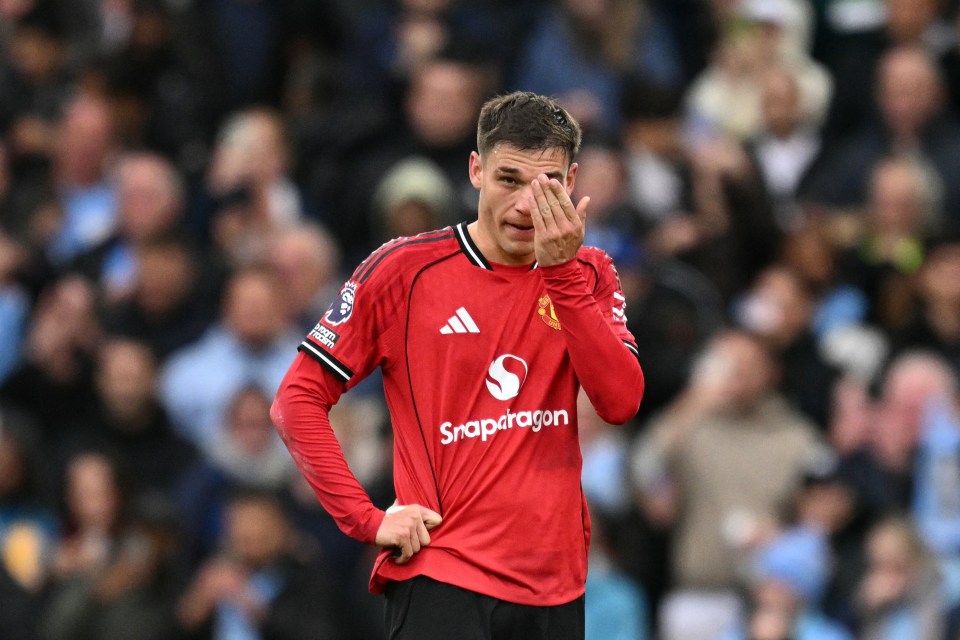Manchester United's Manuel Ugarte reacts during a soccer match.