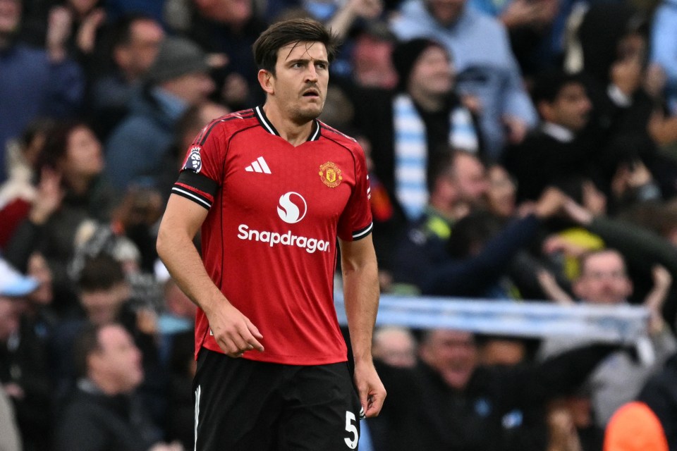 Harry Maguire reacting during a Manchester City vs Manchester United soccer match.