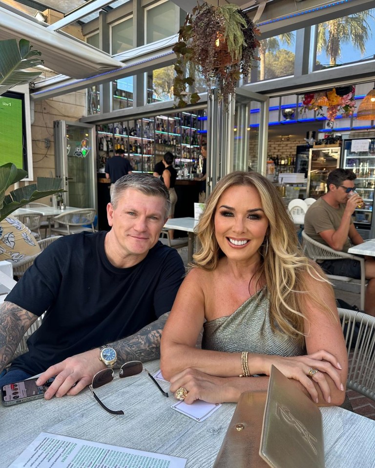 Claire Sweeney and Ricky Hatton at an outdoor cafe.