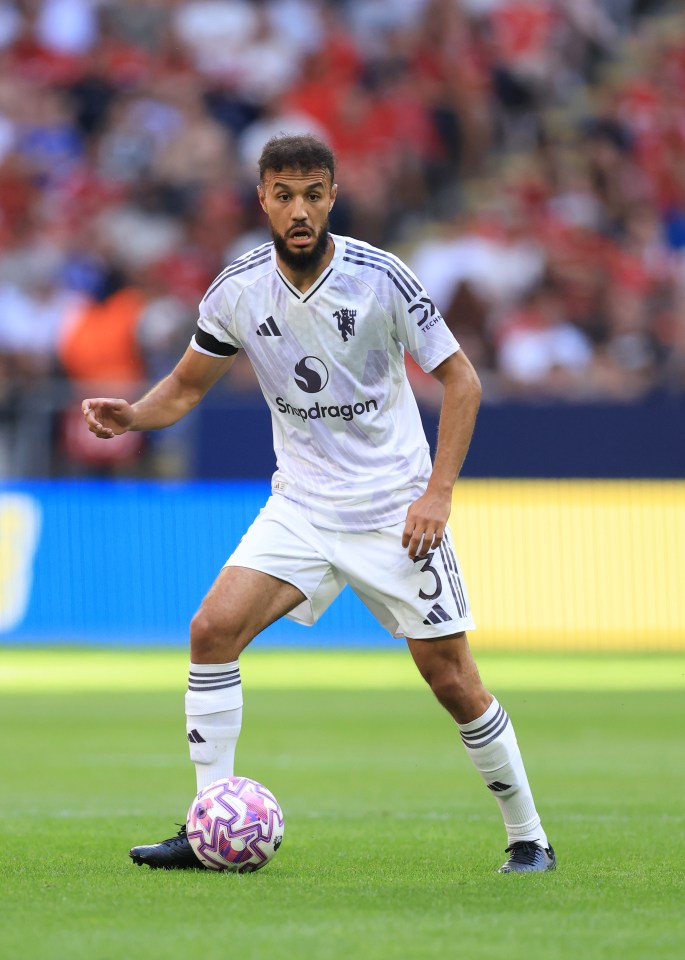 Noussair Mazraoui of Manchester United during a soccer match.
