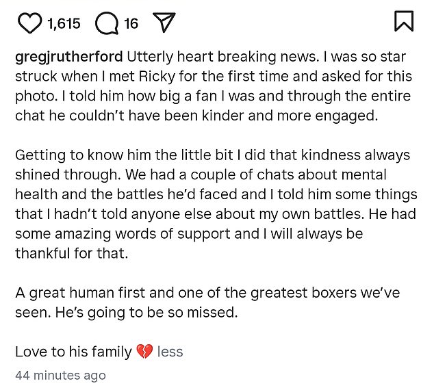 'Utterly heartbreaking news,' Greg wrote. 'I was so star struck when I met Ricky for the first time and asked for this photo'