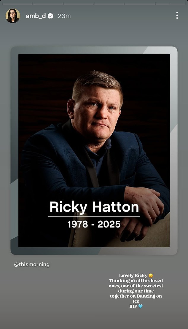 Fellow DOI star Amber Davies wrote on Instagram: Lovely Ricky, thinking of all his loved ones. One of the sweetest during our time together on Dancing On Ice'