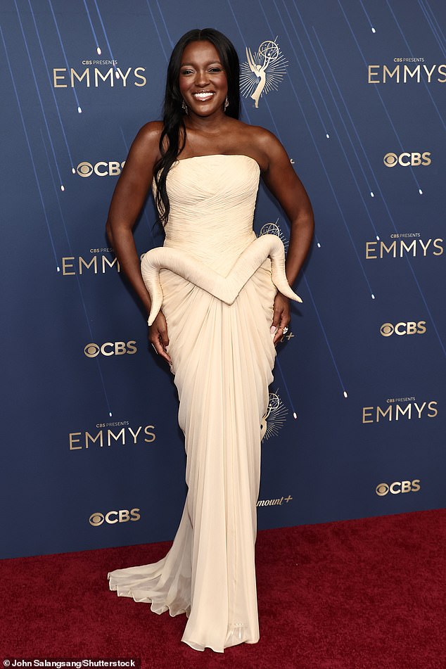 Krys Marshall was a vision in a strapless cream gown