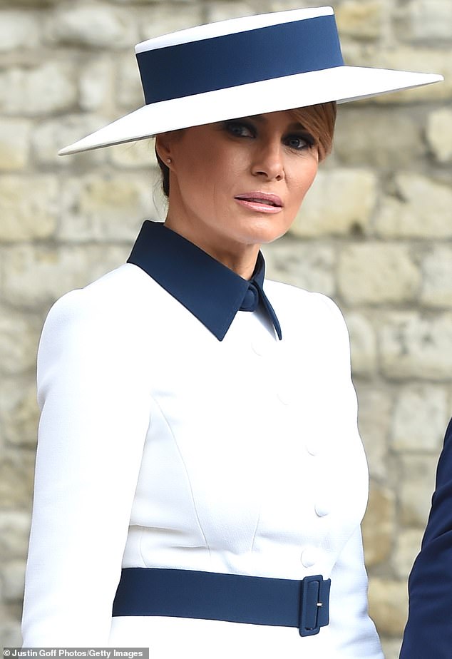 The British designers she's sported included Burberry, and hats from Irish-born Philip Treacy. Melania seen here in 2019 during her last state visit