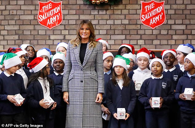 Their visit to the UK comes just as police are set to launch one of the largest drone operations in British history to counter threats during their trip. Melania seen here during a trip to London in December 2019