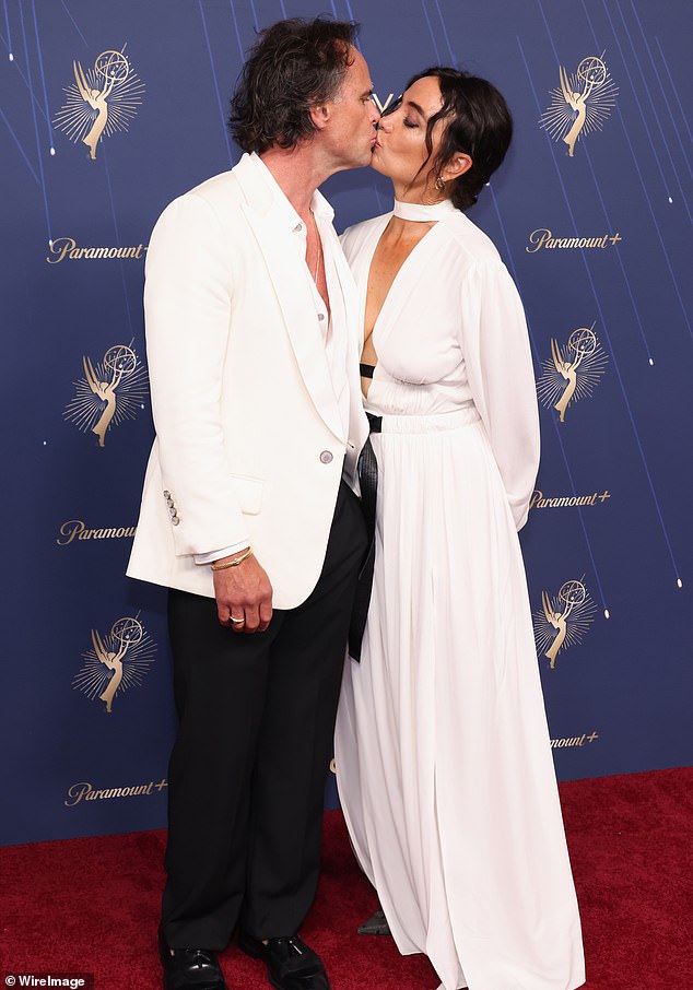 LOS ANGELES, CALIFORNIA - SEPTEMBER 14: (L-R) Walton Goggins and Nadia Conners attend the 77th Primetime Emmy Awards at Peacock Theater on September 14, 2025 in Los Angeles, California. (Photo by John Shearer/WireImage)