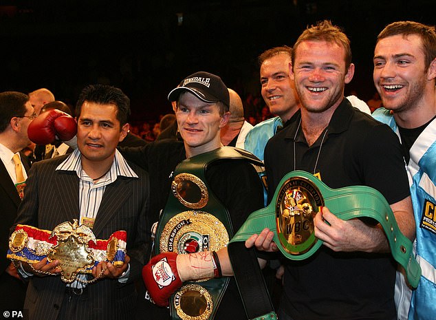 Ricky Hatton celebrates defeating Jose Luis Castillo with friend Wayne Rooney in 2007