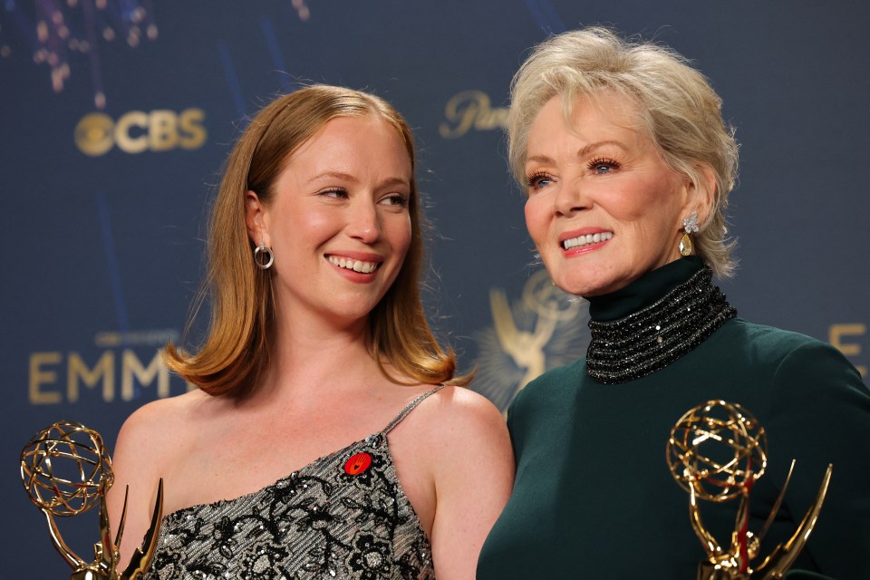 Jean Smart and Hannah Einbinder with their Emmy Awards for Hacks.