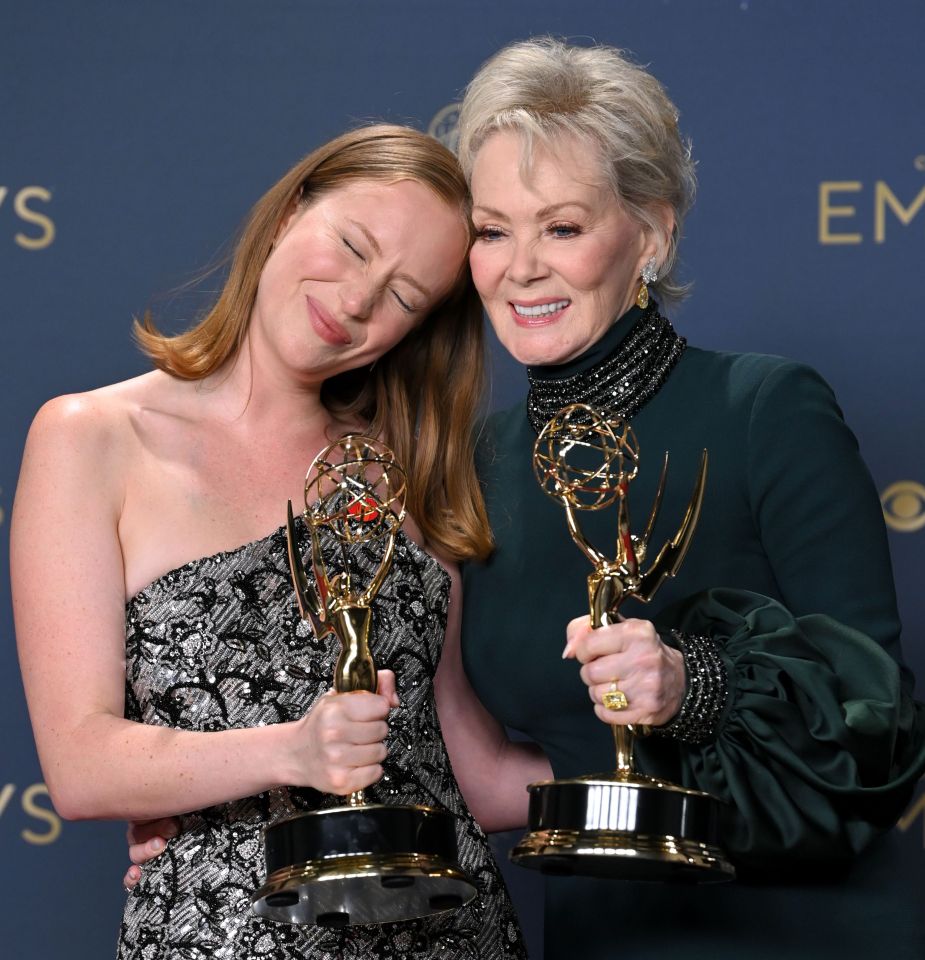 Jean Smart and Hannah Einbinder, Emmy Award winners for Hacks, in the press room.