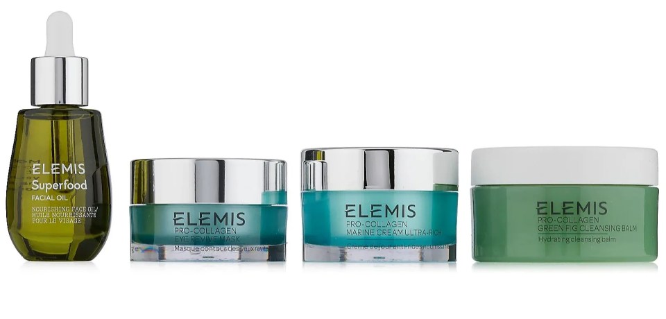 Elemis skincare set: facial oil, eye mask, cream, and cleansing balm.